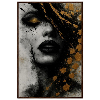 Golden Eclipse abstract portrait in a dark brown wooden frame, showing the gold flecks scattered across the dark composition.