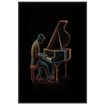 Midnight Melody modern abstract framed wall art in a black frame, a pianist and grand piano in glowing blue and orange lines.