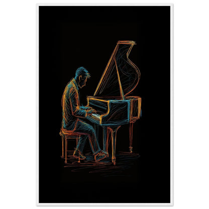 Midnight Melody piano line art in a white wooden frame, highlighting the luminous strokes against the black ground.