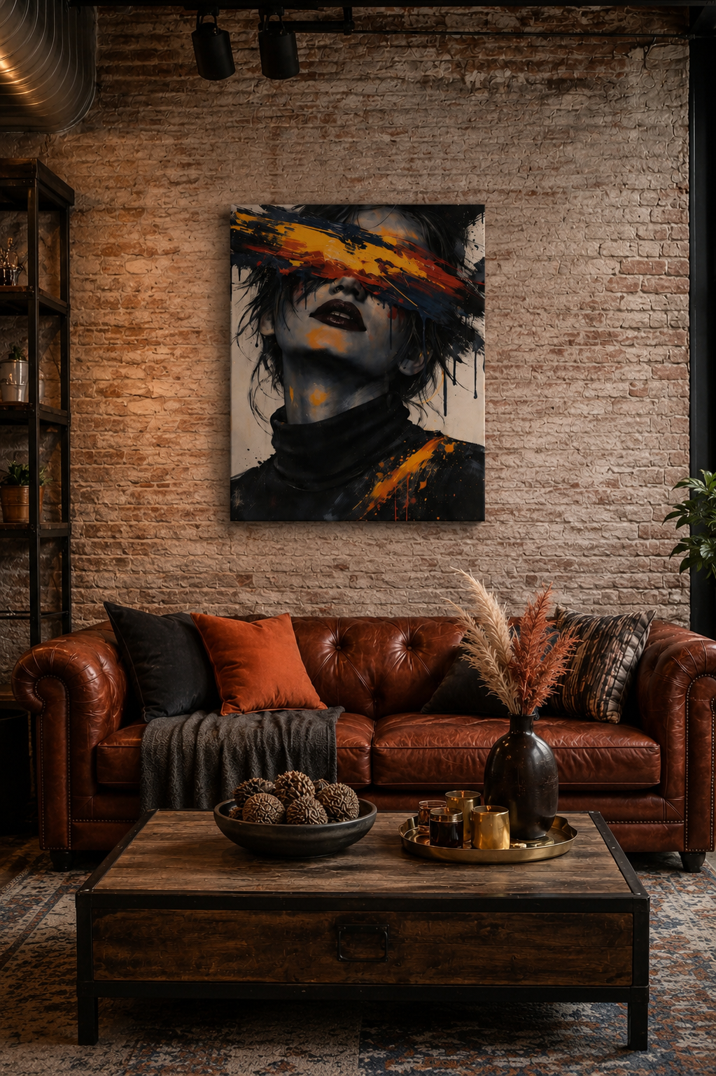 Modern industrial loft living room with a rust leather Chesterfield sofa and abstract portrait canvas wall art in warm orange and black tones.