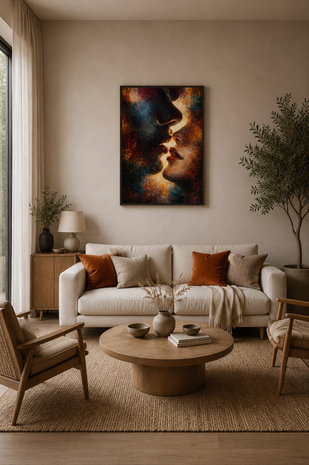 Cozy Scandinavian-inspired living room with wooden furniture and a round coffee table styled with an abstract faces poster in rich earthy tones.