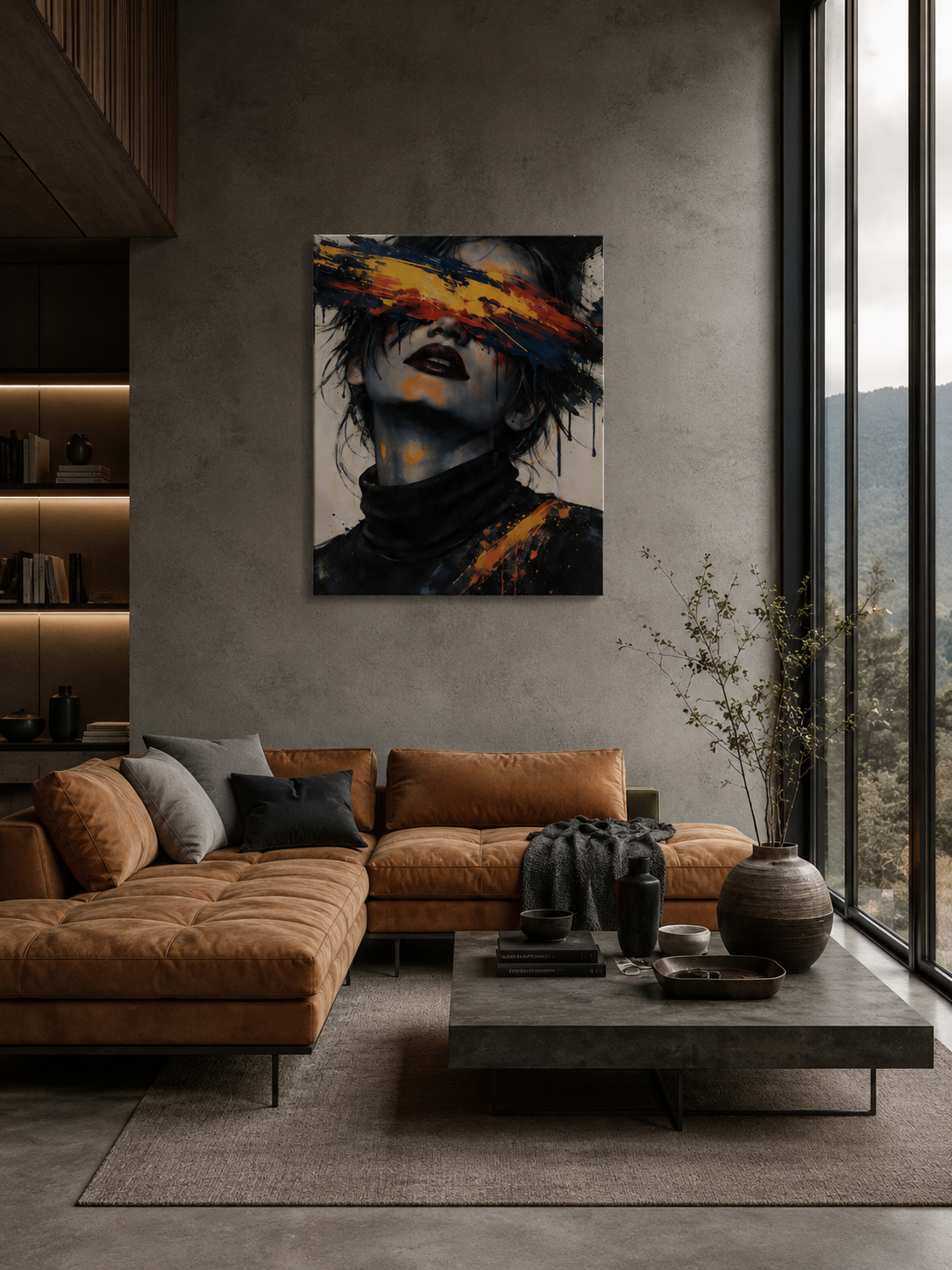Minimal contemporary living room with neutral sofa, wooden coffee table, and large abstract wall art with orange accents.