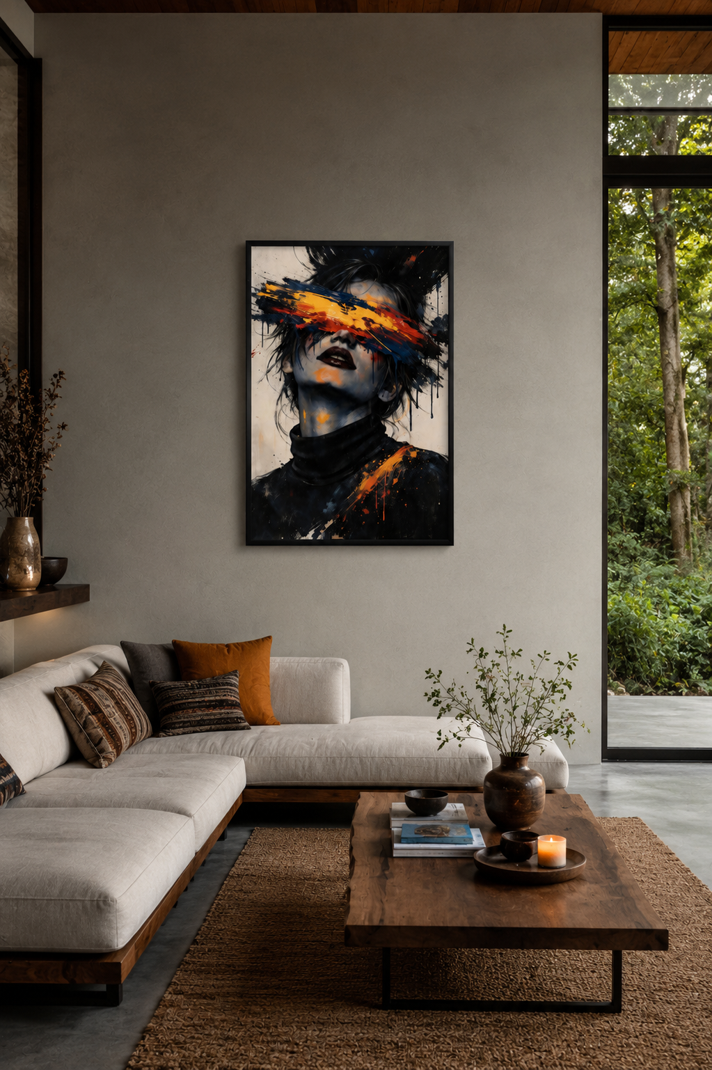 Contemporary neutral living room with large windows, beige sectional sofa and abstract portrait artwork in a black frame displayed on a minimalist wall.