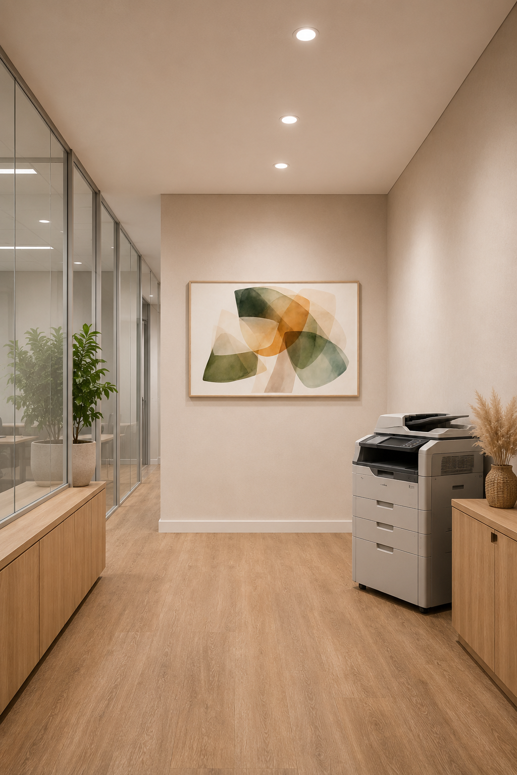 Modern office hallway with abstract framed wall art, light wood accents and minimalist interior
