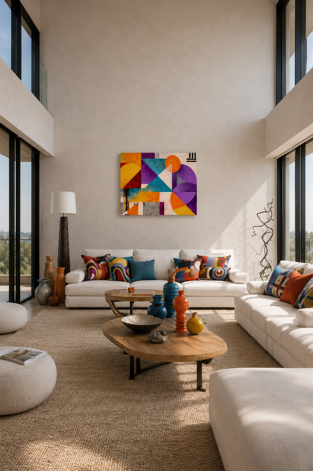 Colorful geometric abstract canvas wall art in bright modern living room with white sofas and colorful accent pillows