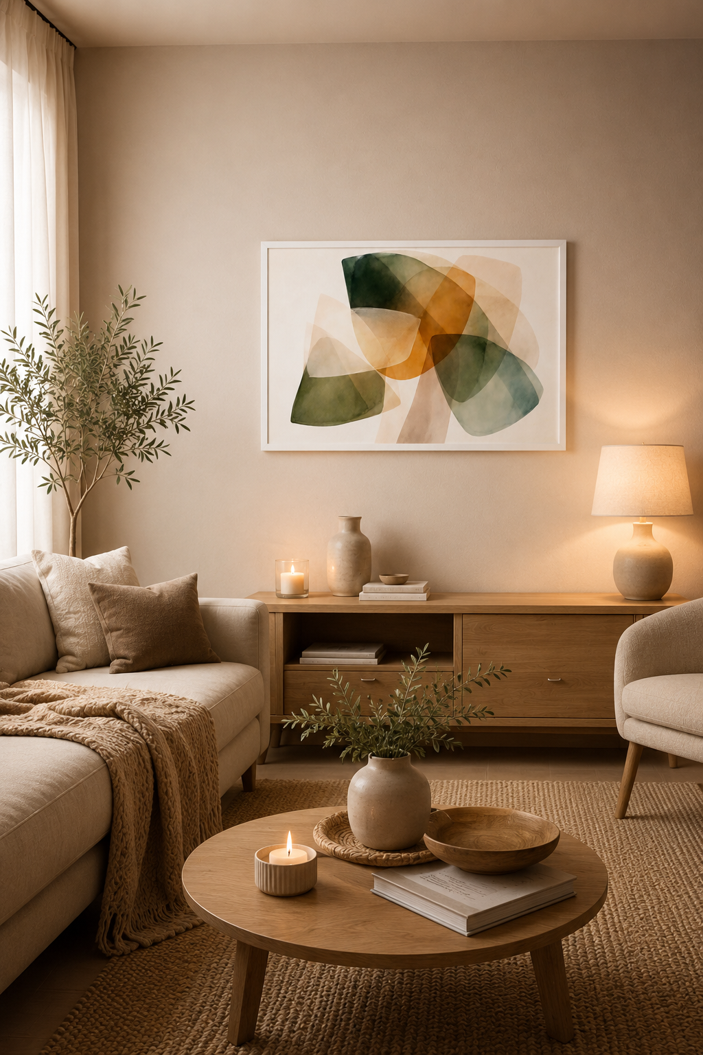 Warm neutral living room with abstract framed wall art, wooden furniture and cozy decor