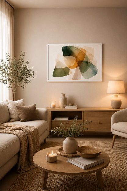 Warm neutral living room with abstract framed wall art, wooden furniture and cozy decor