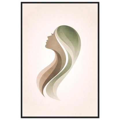 Minimalist female silhouette in a black wooden frame on a cream background
