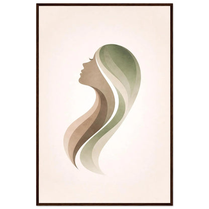 Framed print in a dark brown wooden frame with the female profile and organic curves