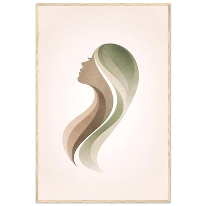 Framed print in a light wood frame showing the flowing hair shapes in sage and taupe