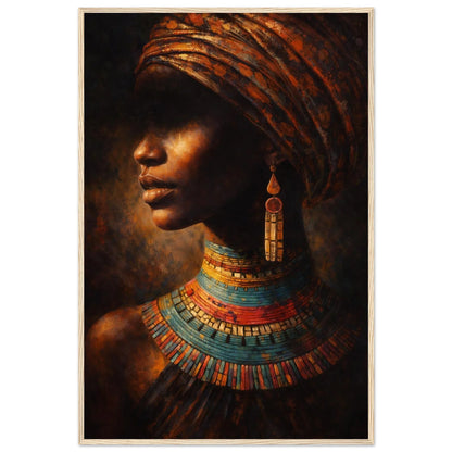 Vertical framed African portrait wall art in warm brown and copper tones with turquoise, gold and coral jewelry