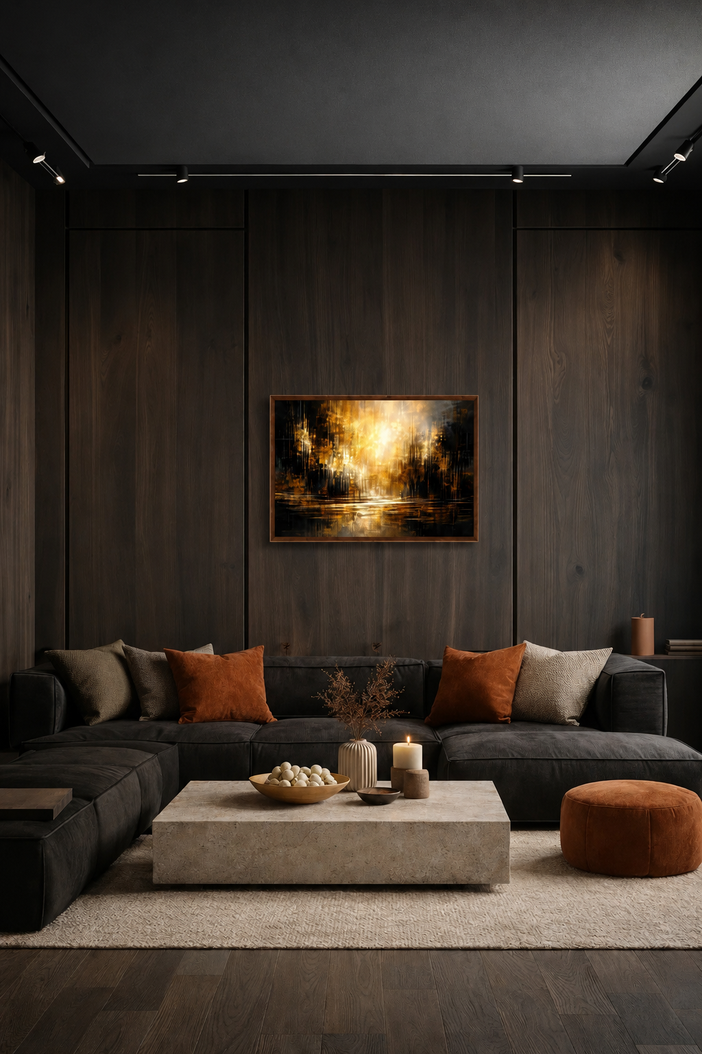 Amber Stillness abstract landscape wall art with dark brown frame displayed in a moody modern living room with charcoal sofa, warm brown accents and dark wood panel walls.