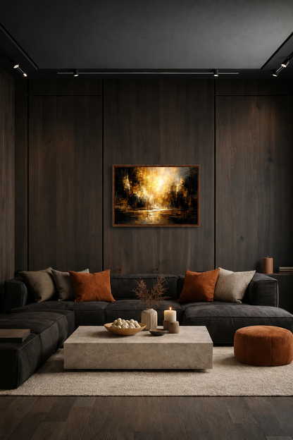 Amber Stillness abstract landscape wall art with dark brown frame displayed in a moody modern living room with charcoal sofa, warm brown accents and dark wood panel walls.