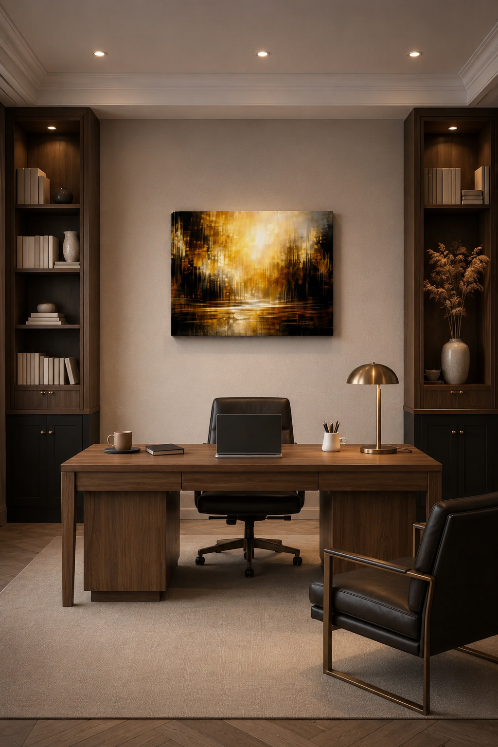 Refined home office with wooden desk, built-in shelving and golden abstract canvas wall art centered above the workspace.
