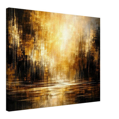 Amber Stillness canvas seen at an angle, showing the 4 cm deep wooden stretcher frame and the printed wrapped edge.