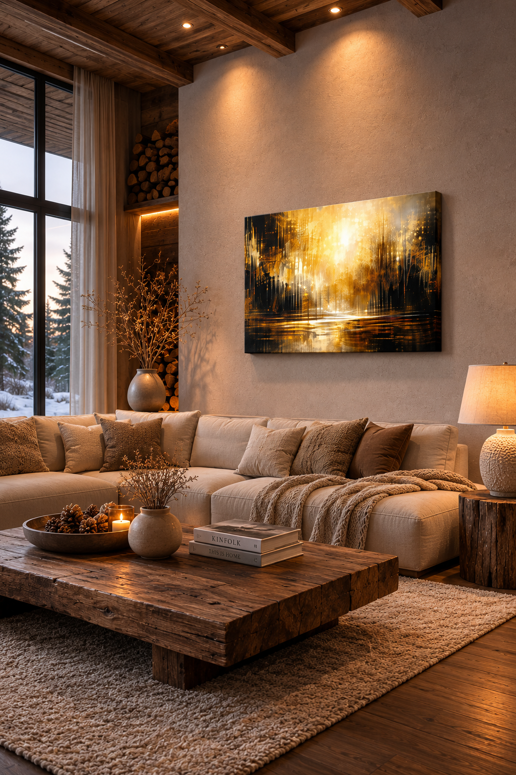 Cozy rustic living room with beige sectional sofa, wooden coffee table and warm golden abstract canvas wall art displayed above the seating area.