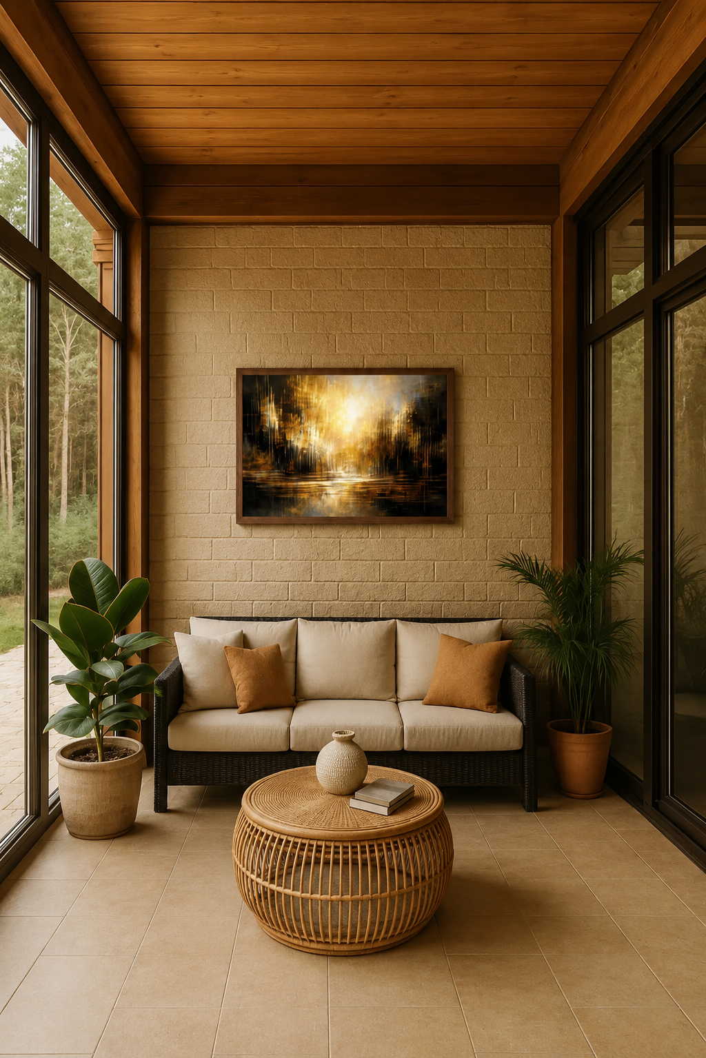 Amber Stillness abstract landscape wall art with dark brown frame displayed in a cozy sunroom with wicker furniture, indoor plants and warm wooden ceiling details.