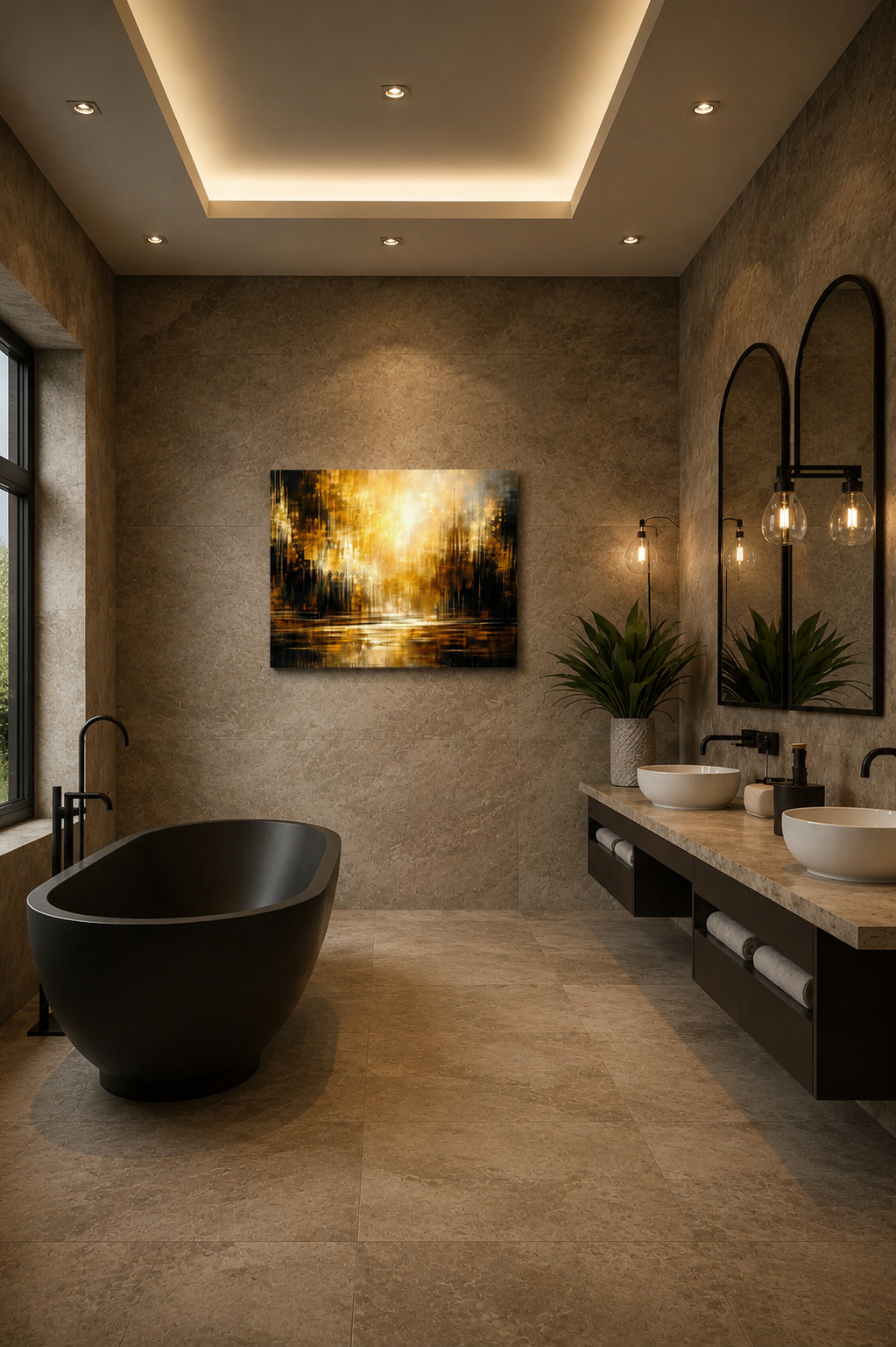 Sophisticated bathroom with freestanding black bathtub, double vanity and golden abstract canvas wall art adding warmth to the neutral stone interior.