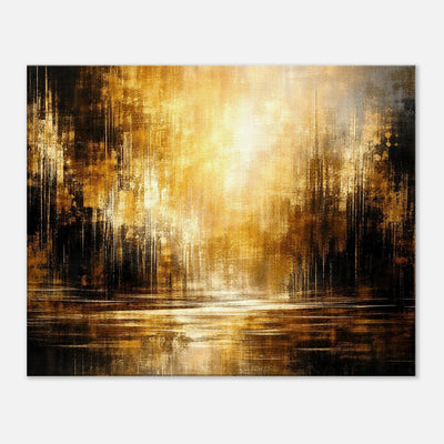 Amber Stillness modern abstract canvas wall art with a golden light burst reflected across dark bronze and charcoal vertical streaks.