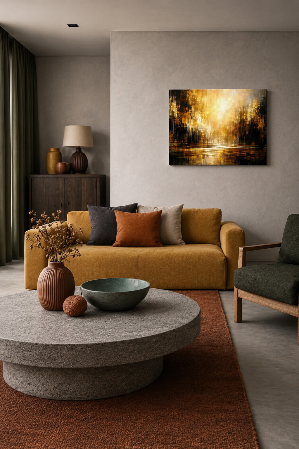 Modern living room with mustard sofa, round stone coffee table and golden abstract canvas wall art creating a warm and elegant atmosphere.