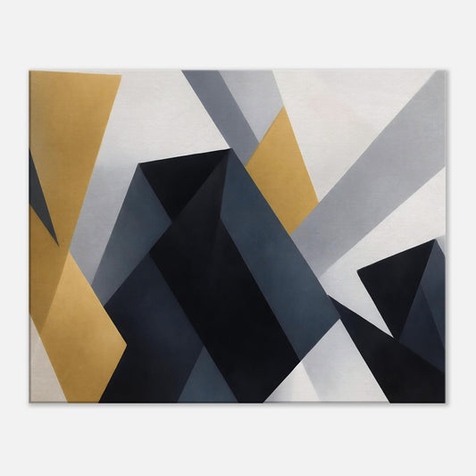 Modern neutral geometric canvas artwork with architectural shapes in black, grey and warm gold tones