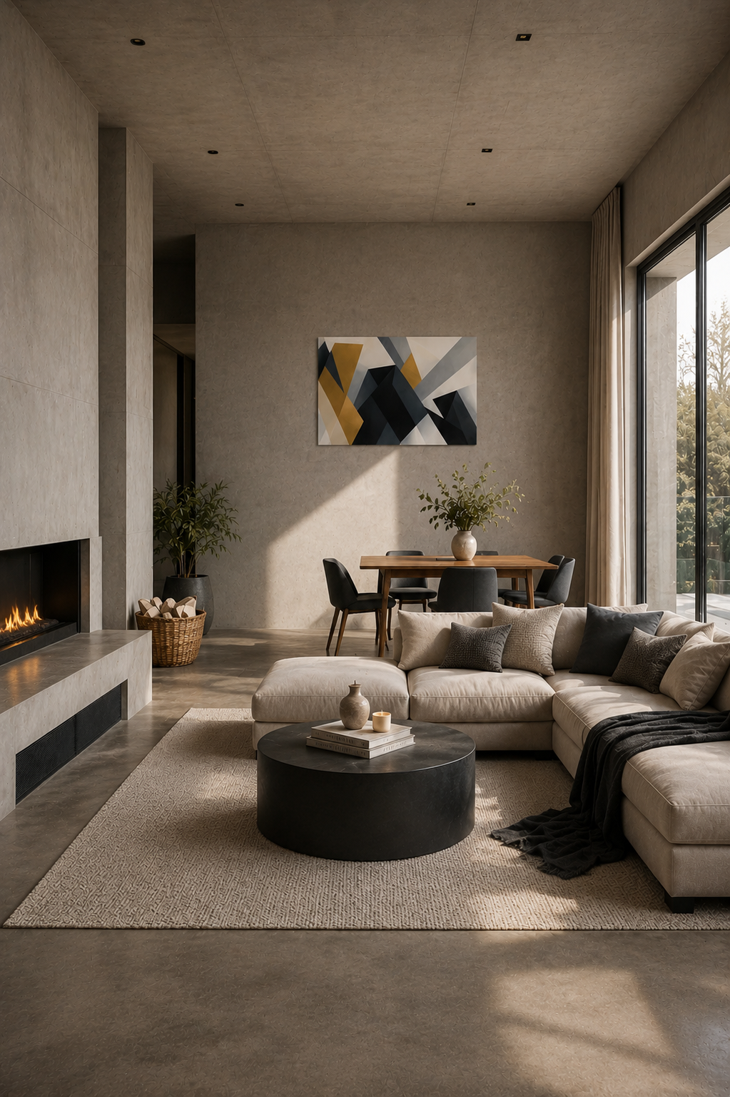 Contemporary concrete living room with abstract geometric poster in blue, gold and grey colors, minimalist sectional sofa, black coffee table and floor-to-ceiling windows.