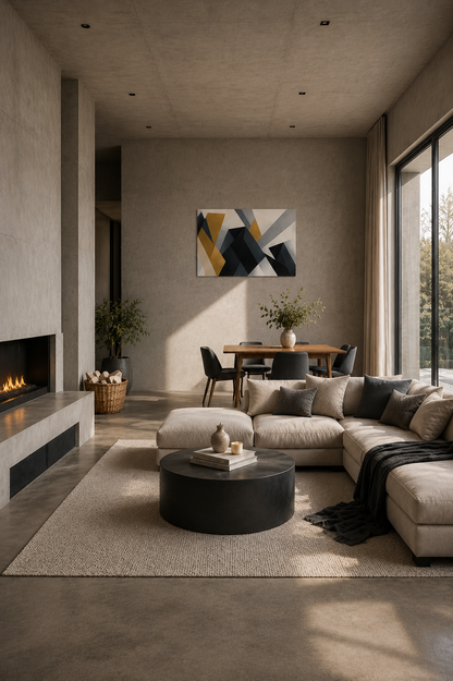 Contemporary concrete living room with abstract geometric poster in blue, gold and grey colors, minimalist sectional sofa, black coffee table and floor-to-ceiling windows.