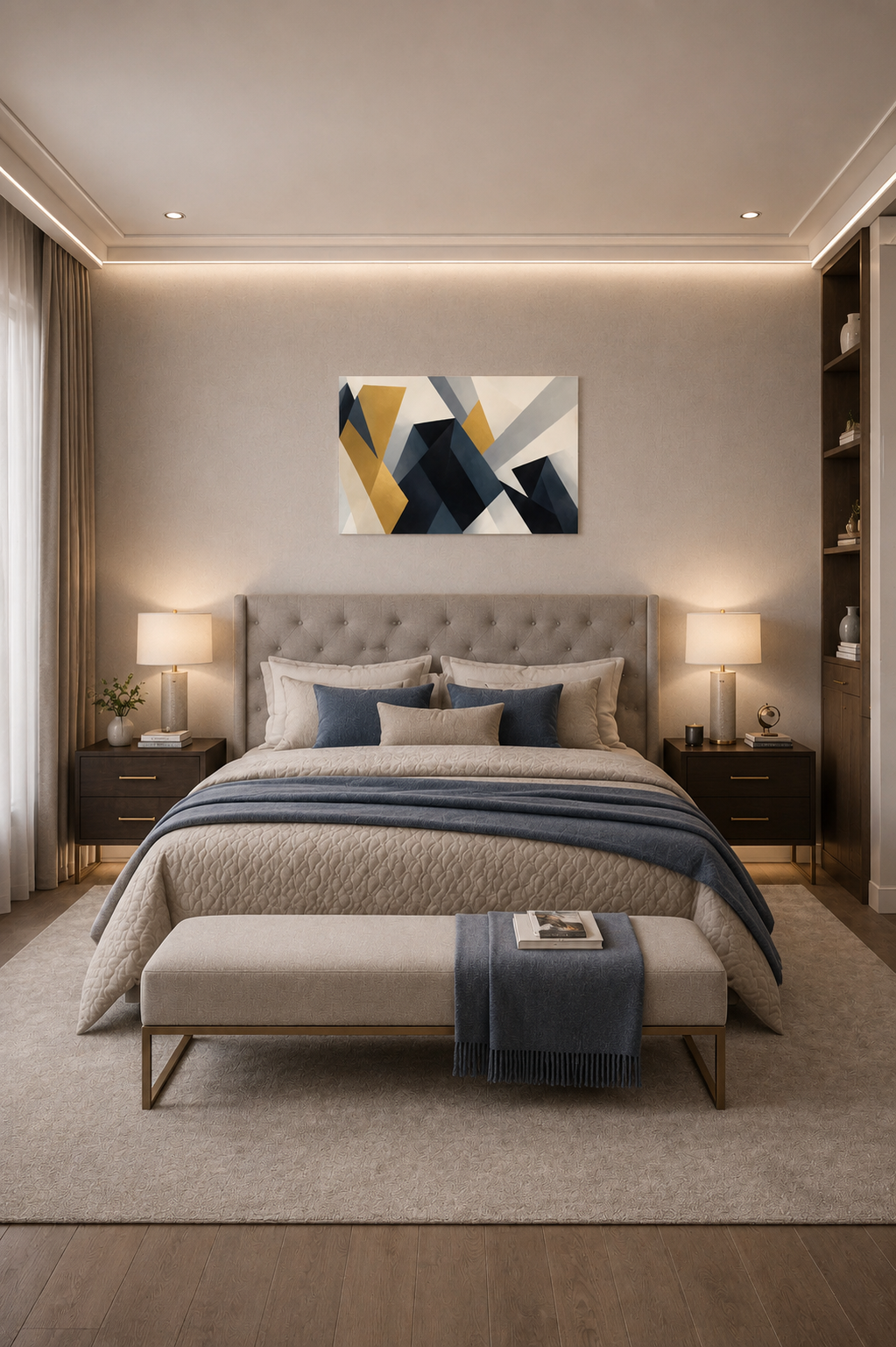 Modern bedroom interior with abstract geometric wall art poster in navy blue, gold and grey tones above upholstered bed with blue accent bedding and warm ambient lighting.