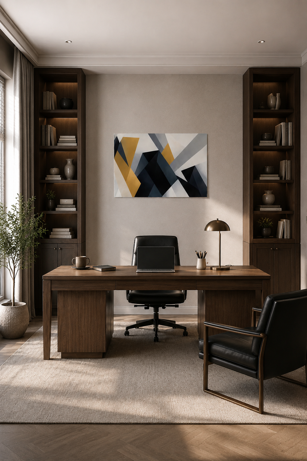 Luxury home office interior featuring abstract geometric wall art poster in navy blue, gold and grey palette above walnut desk with built-in shelving and modern workspace decor.