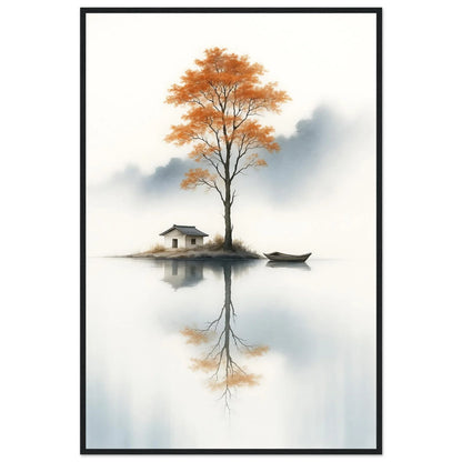 Autumn Refuge minimalist autumn framed wall art in a black frame, amber tree and cottage on a small island mirrored in still water