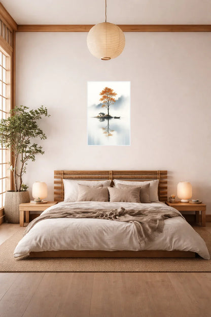 Autumn Refuge framed wall art above the bed in a cosy bedroom
