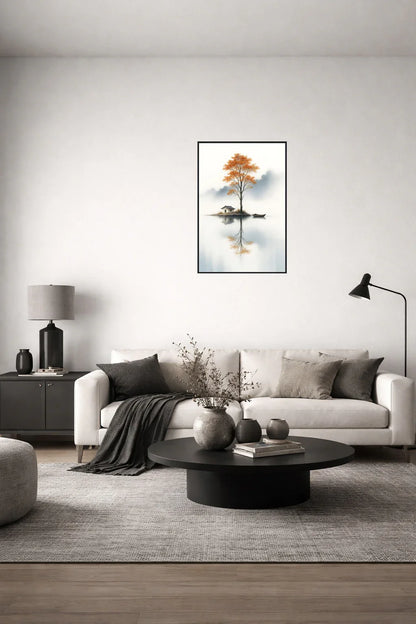 Autumn Refuge framed wall art above a sofa in a modern living room