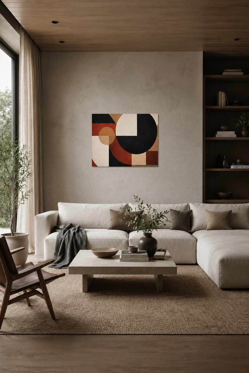 Modern luxury living room with neutral sectional sofa and Axis Void abstract geometric canvas wall art in beige interior styling