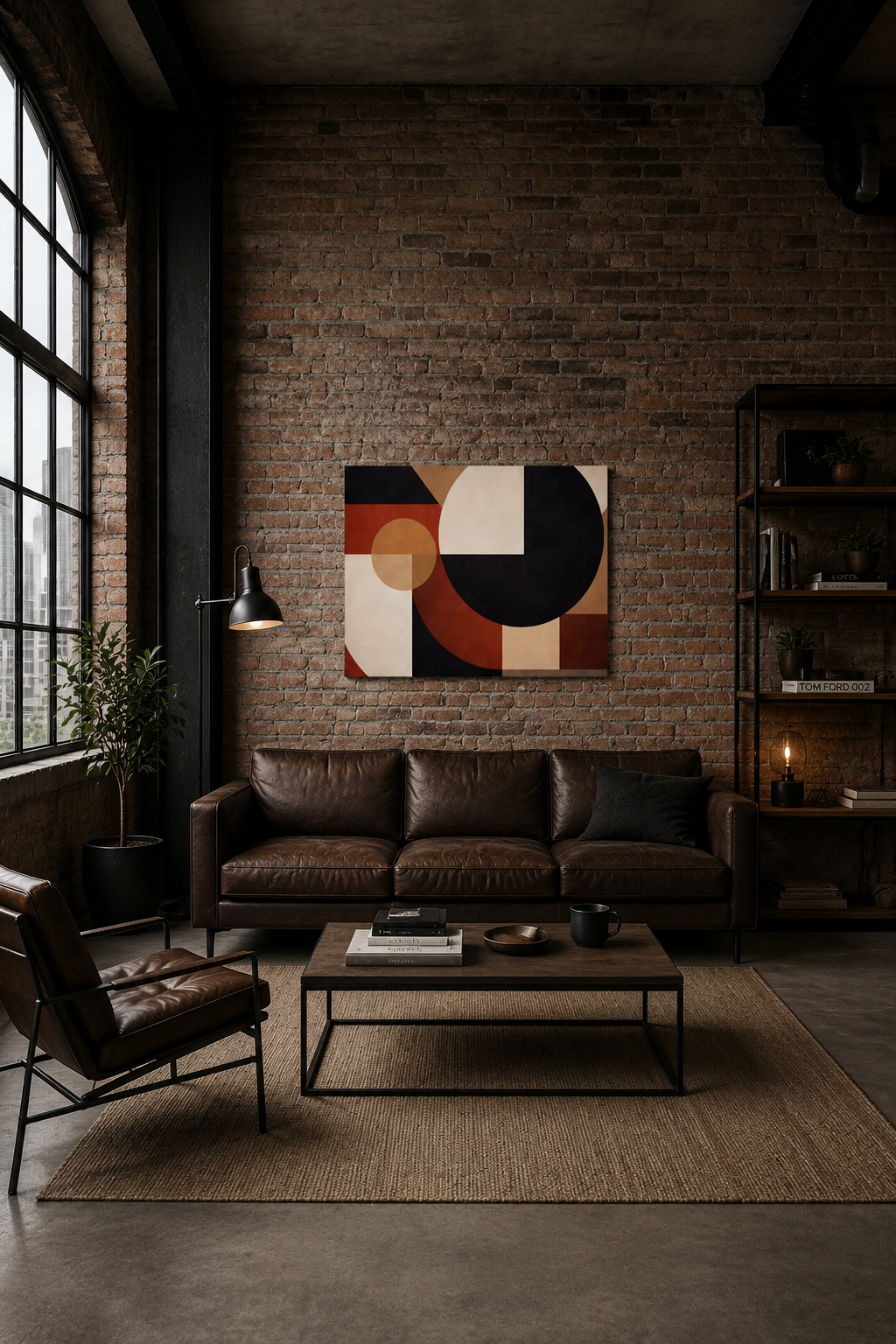 Industrial loft living room with exposed brick walls and Axis Void abstract canvas wall art above brown leather sofa