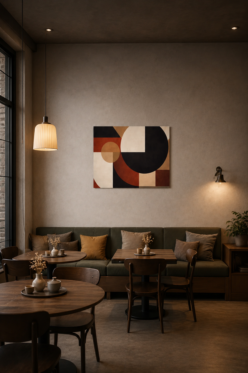 Modern café interior with warm ambient lighting and Axis Void abstract geometric wall art canvas decor