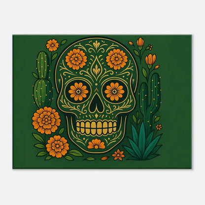 Detailed Aztec sugar skull and botanical floral illustration on canvas wall art