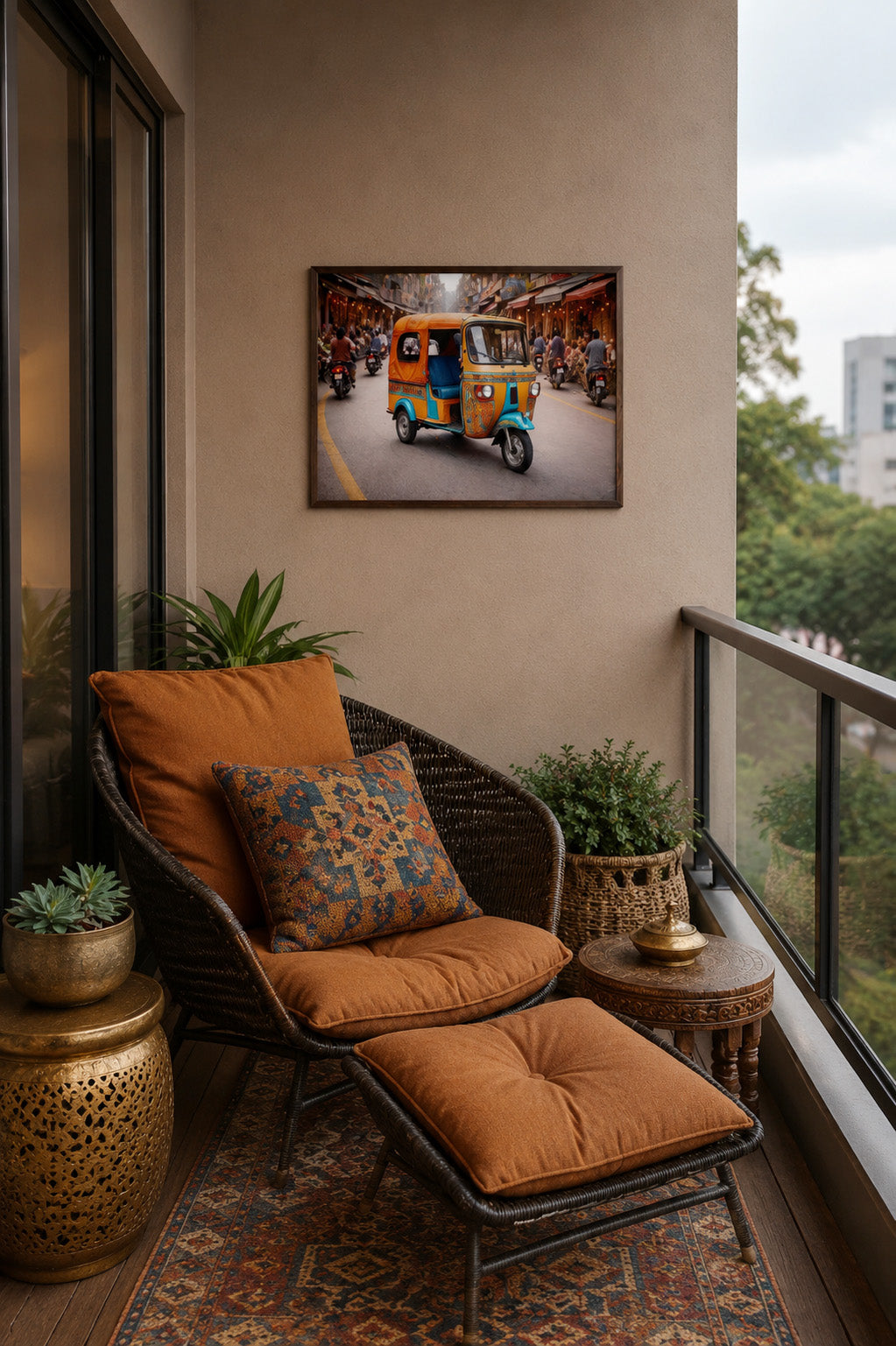 Colorful tuk tuk street photography wall art in dark wood frame displayed on a cozy balcony lounge with woven chair, warm cushions and boho decor.
