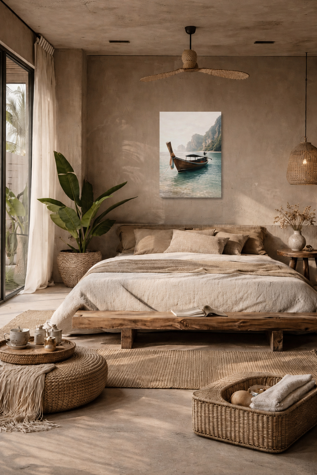Coastal boho bedroom mockup with realistic long boat canvas wall art above low wooden bed and natural tropical decor.