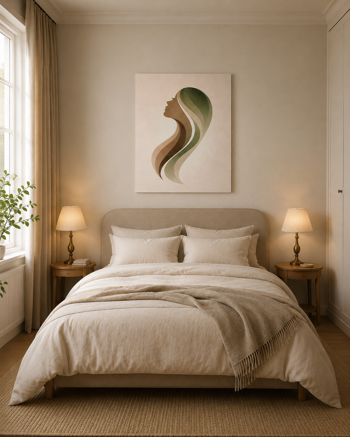Neutral bedroom interior mockup featuring minimalist woman silhouette canvas wall art in sage green and beige tones above the bed, soft lighting and Scandinavian decor.