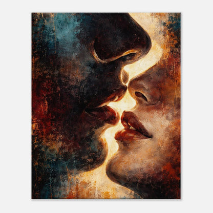 Close view of the Between Shadow and Gold canvas showing the golden light along the lips and the textured copper and teal background.