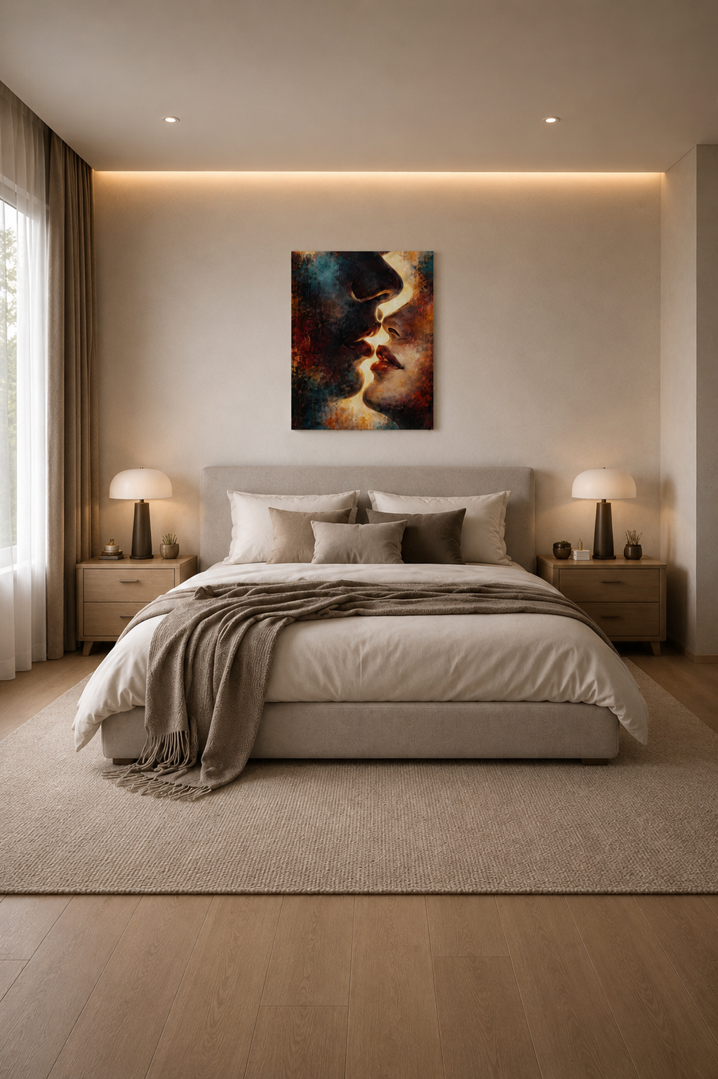 Neutral luxury bedroom featuring romantic canvas wall art above upholstered bed