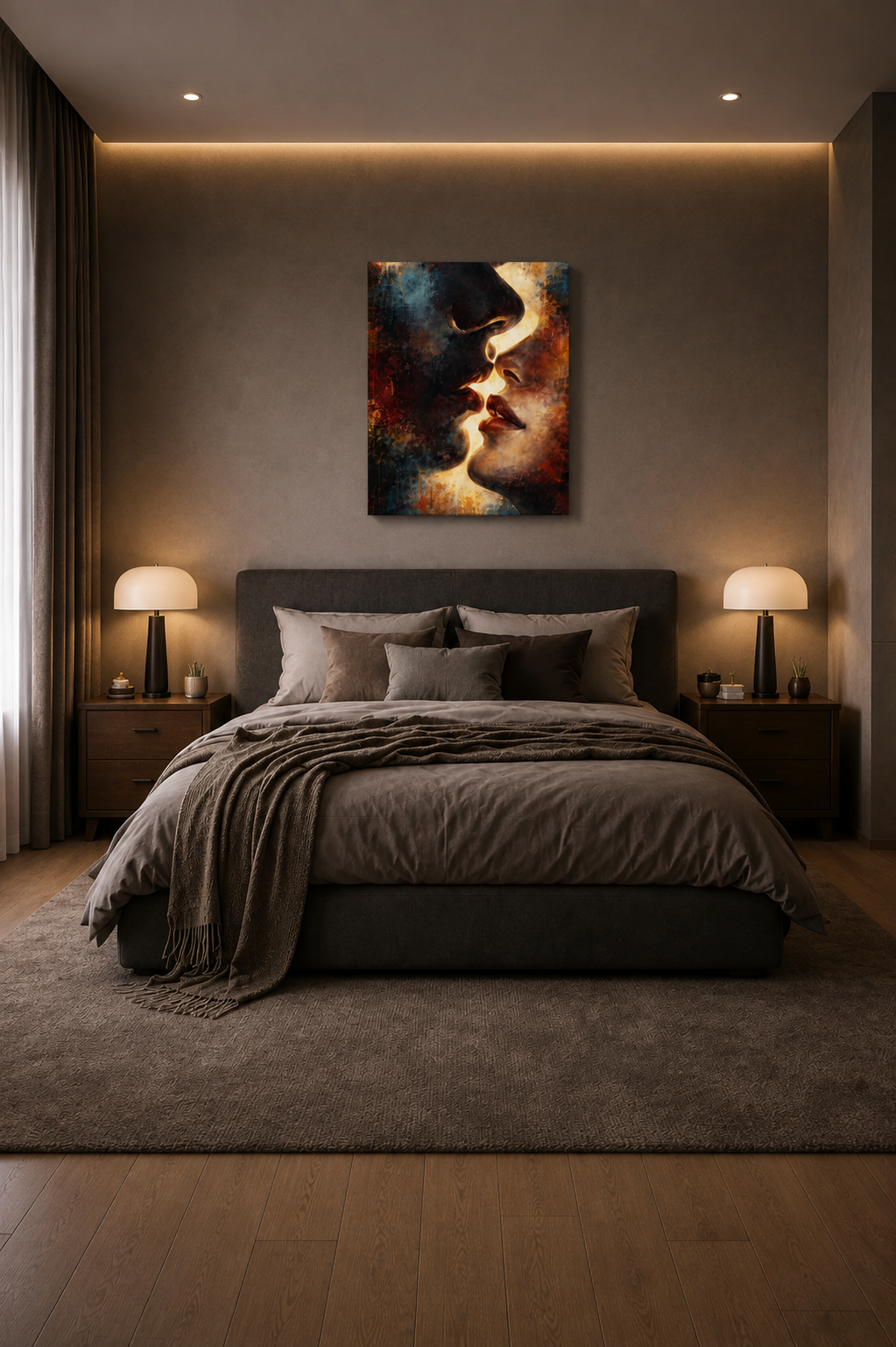 Romantic portrait canvas print above cozy contemporary bedroom with warm ambient lighting