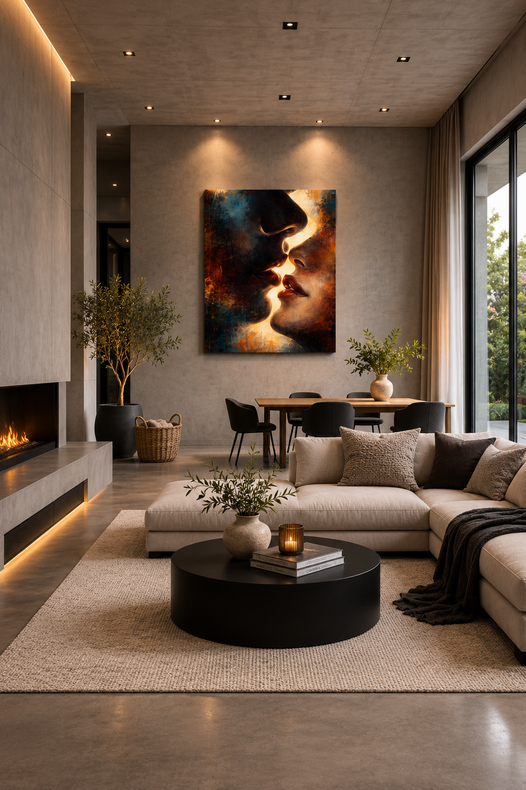 Abstract couple canvas wall art in modern luxury living room with fireplace and neutral decor