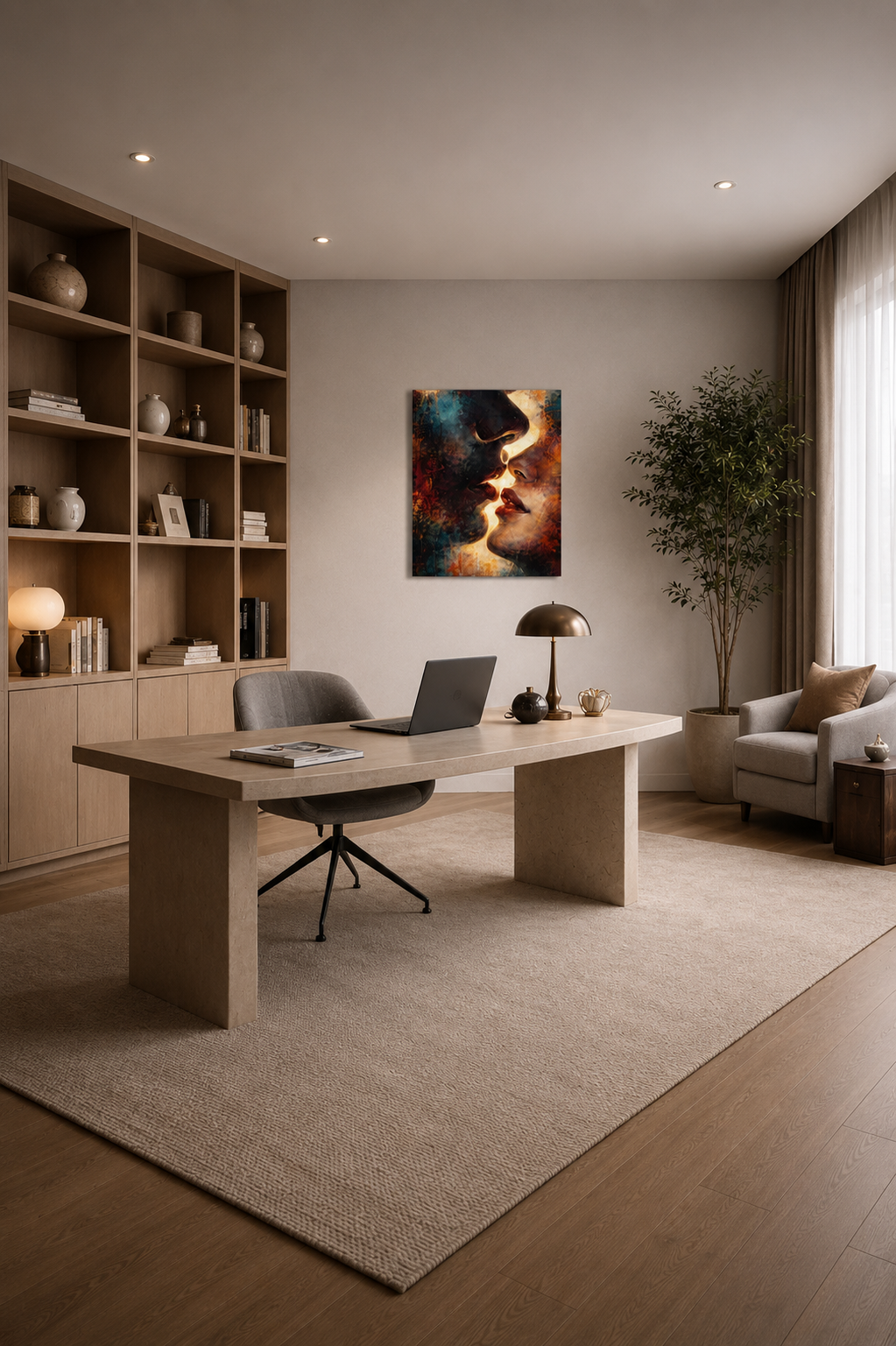 Elegant home office with abstract couple canvas print and minimalist shelving design
