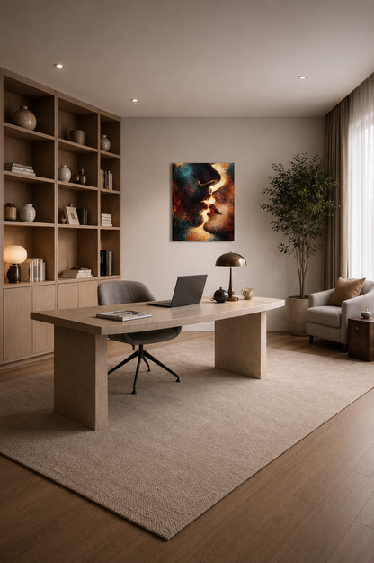 Elegant home office with abstract couple canvas print and minimalist shelving design