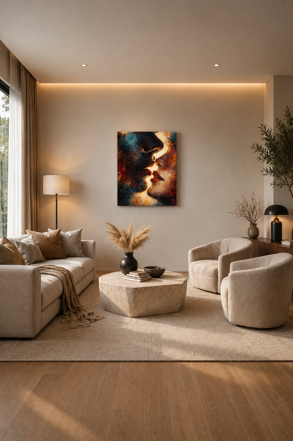 Modern abstract face canvas artwork in bright minimalist living room with cream furniture