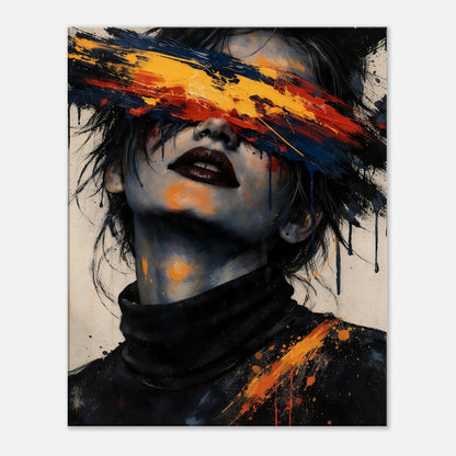 Blinded Emotion modern abstract portrait canvas wall art with a broad orange, red and navy paint band swept across the eyes of an upward-tilted face.