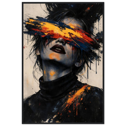 Blinded Emotion modern abstract framed wall art in a slim black wooden frame, an upward-tilted face with an orange, red and navy paint band across the eyes.
