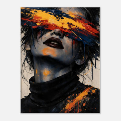 Canvas weave texture of the Blinded Emotion print showing the black turtleneck and the orange paint streak across the shoulder.