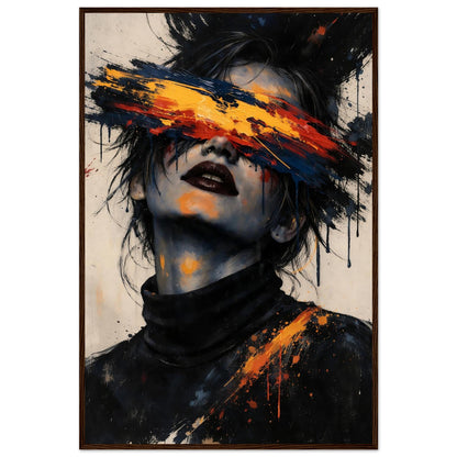 Blinded Emotion abstract portrait poster in a dark wood frame, showing the thick orange and navy brush band and paint drips down the face.